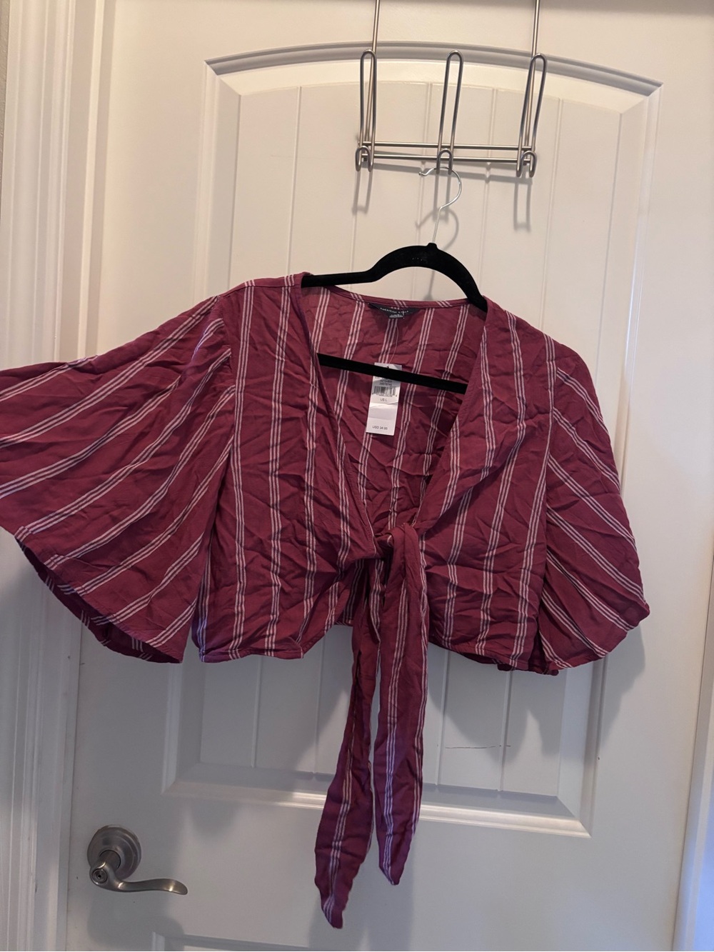 NWT American Eagle Outfitters Plum Striped Tie-Front Crop Blouse